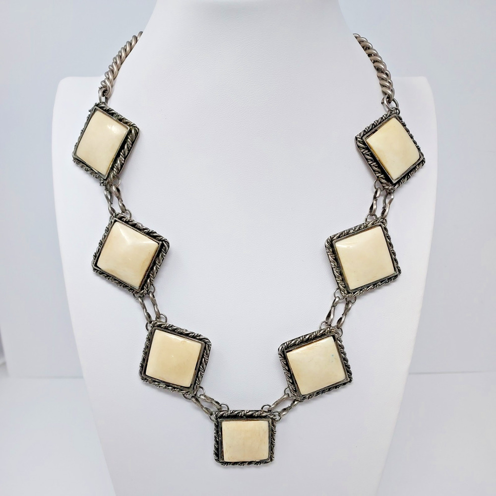 Vintage Cream Gemstone Necklace Square 1" Cabs Silver Tone Bezel Set Double Link